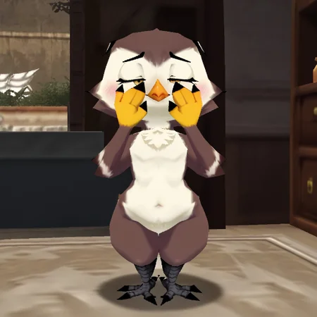score_9, score_8_up, score_7_up, score_6_up, toony, realistic, solo, 1girls, shy, blush, hiding, covering face, furry, avian eagle owl, chickub, bird, semi feral, nerdy, atlyssstyle, low poly, smug, flat chest, shortstack, wide hips, medium belly, video game background