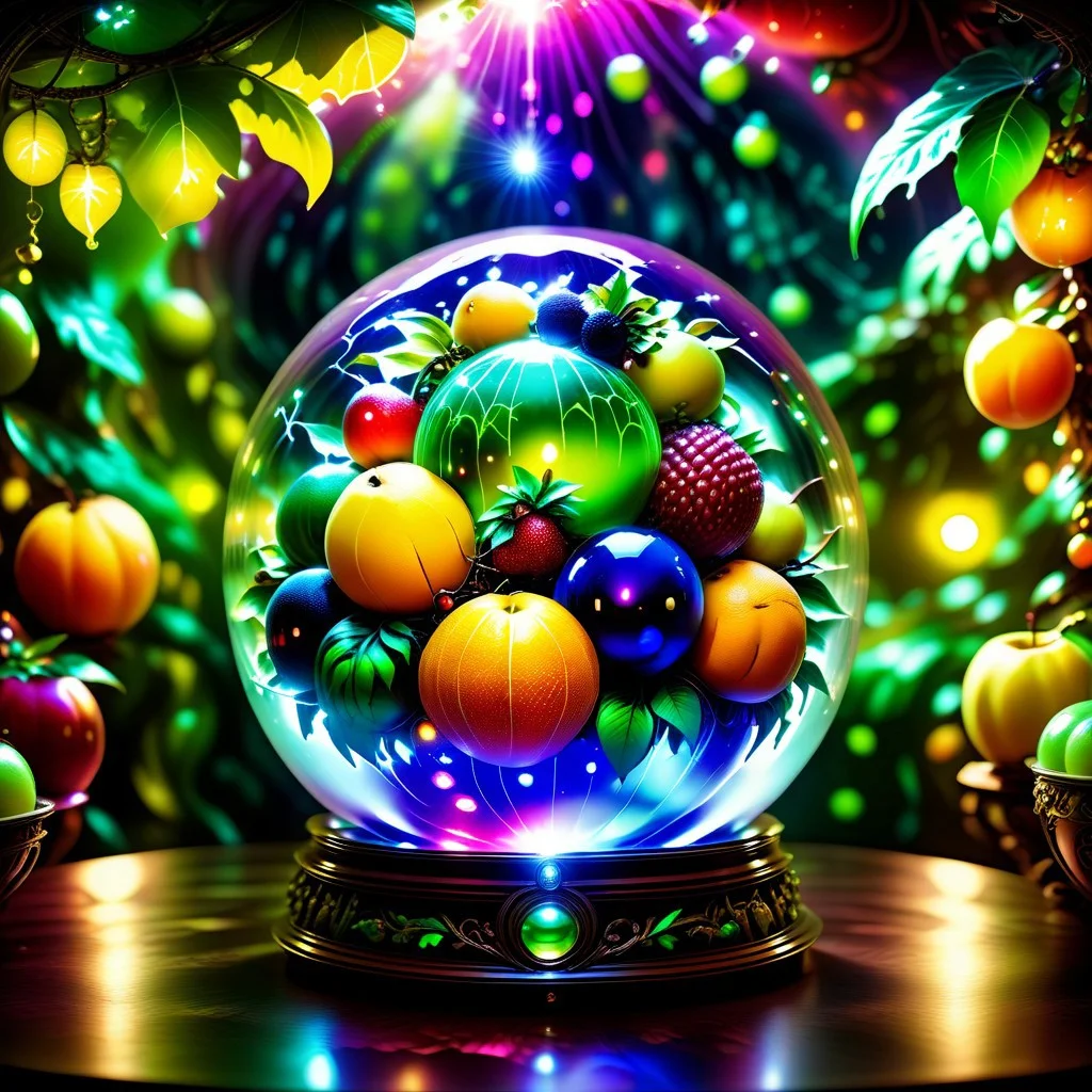a bunch of fruits (((inside))) of a giant Jed-Gball, mystical atmoshpere <lora:Jed-Glassball:0.7>,