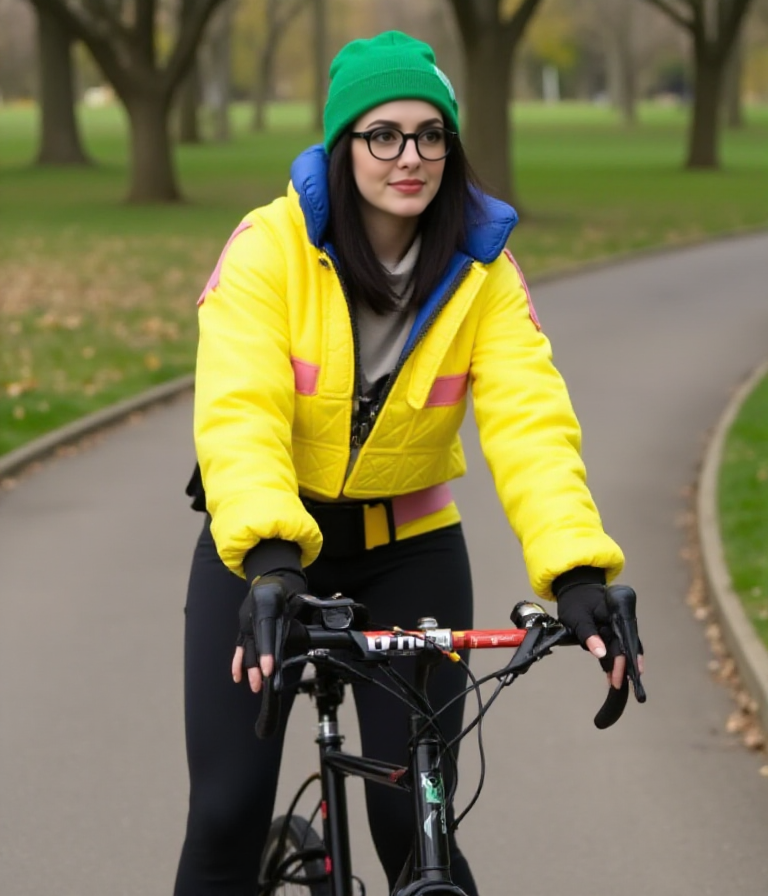 She rides a bicycle in a park.  <lora:Killjoy:0.9> killjoy, a woman with a yellow jacket, black glasses, green hat, black pants.