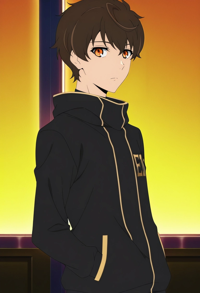 masterpiece, best quality, intricate details, anime screencap, anime coloring, ,, 1boy, solo, male focus, <lora:twenty-fifth_bam_ilxl:0.94>, twenty-fifth_bam, brown hair, orange eyes, short hair, ,