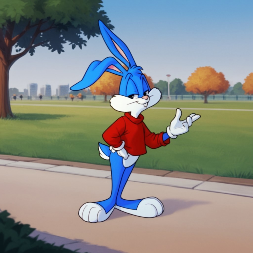 score_9, score_8_up, score_7_up, score_6_up, score_5_up, score_4_up, source_furry, bustertta, anthro, male, bunny, blue fur, red shirt, white gloves, in a park, full body