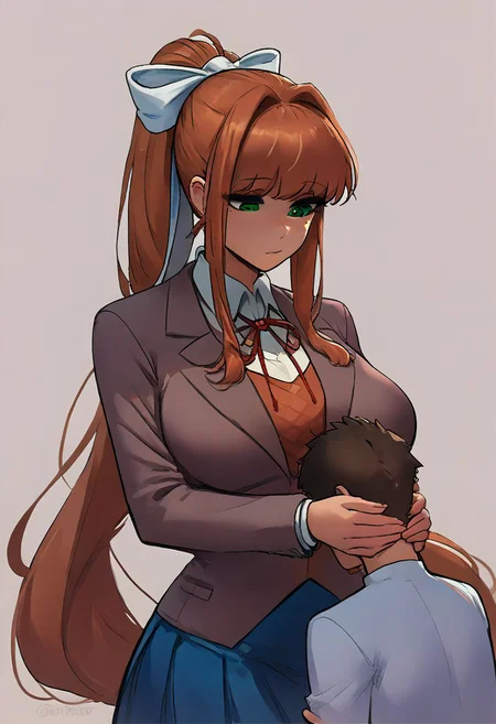 score_9, score_8_up, score_7_up, score_6_up, 1girl, 1boy, duo, monika, brown hair, green eyes, ponytail, very long hair, white bow, blazer, neck ribbon, collared shirt, blue skirt, larger_female, smaller_male, size_difference, faceless male