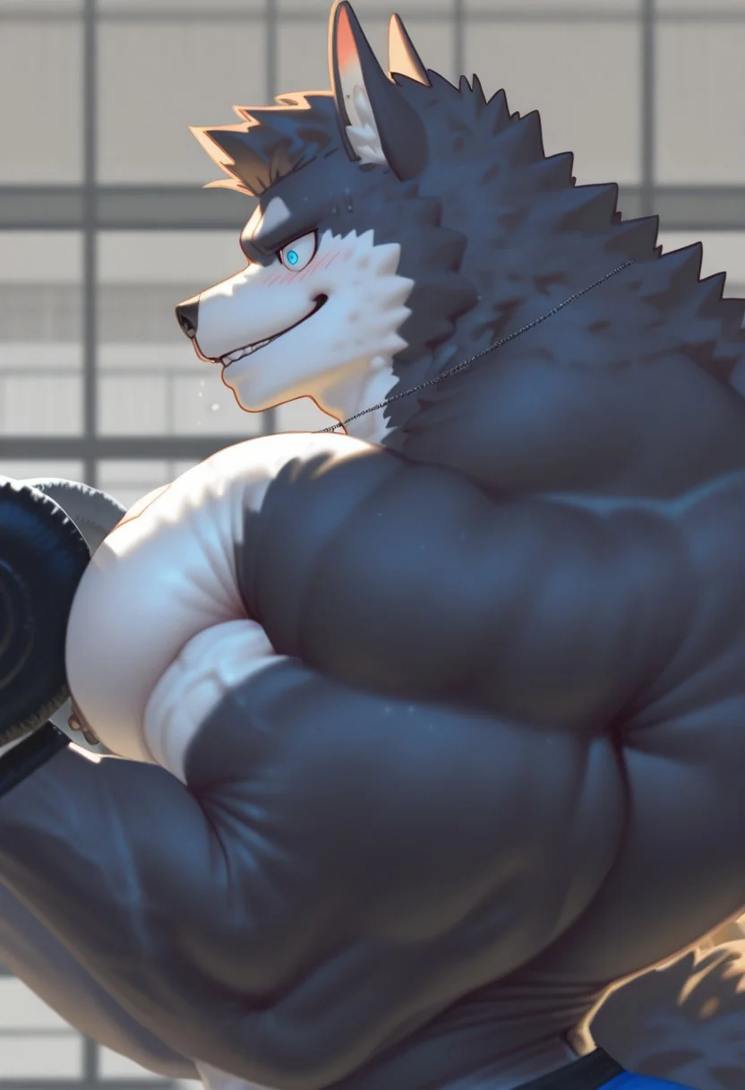 masterpiece,best quality,amazing quality, (solo), man, bodybuilder wolf, blue eyes, detailed eyes, ConnorDT, furry, wolf, tail, big muscles, (hyper muscles: 1.1), gay, at gym, shirtless, sexy, cocky, confident, sexy grin, portrait, focus torso, front view, dynamic pose