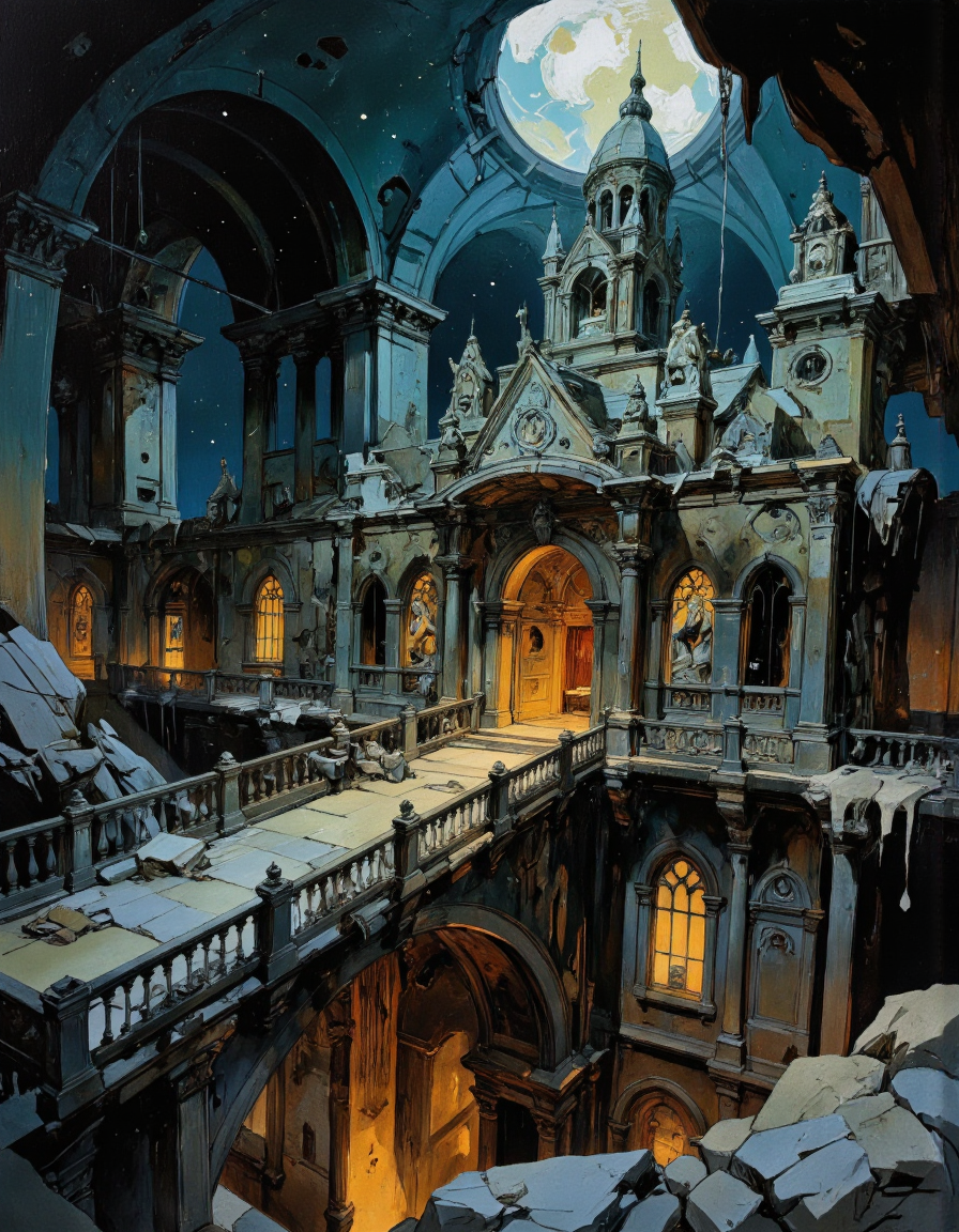 A ruined dark lost mine, D&D fantasy style, magical and ornate, glinting sparkles, demonic architecture and statues, brutalist and gothic mix, deep dark mine, at night, game concept art, view from above a bridge, eerie, cinematic view. <lora:Comic_book_opus_3:1>