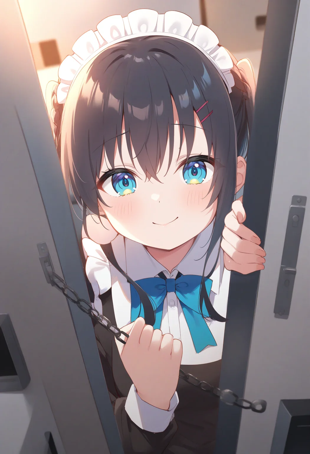 1girl,sincos, ningen mame, toosaka asagi,solo,medium breasts,20yo,maid,maid headdress,
door chain, peeking out, open door,<lora:doorchain_XL_v1:1.0>
chain, pov doorway, opening door, close-up,
from above, portrait, looking away, blue hair, aqua eyes,smug, science room, closed mouth, twin braids hair,,
best quality, very aesthetic, absurdres ,