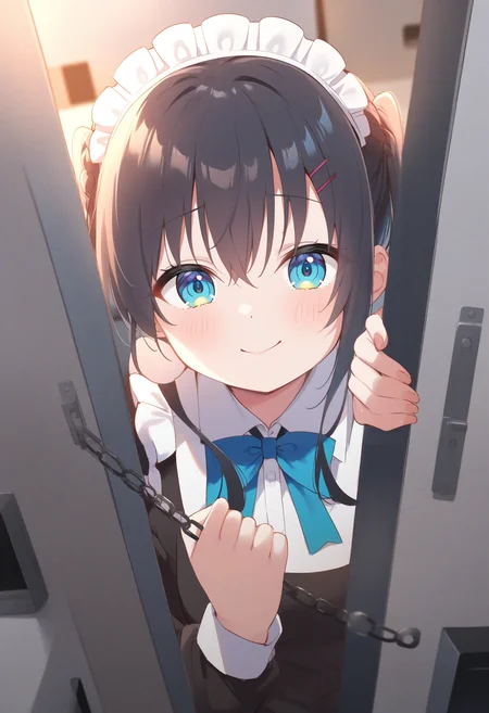 1girl,sincos, ningen mame, toosaka asagi,solo,medium breasts,20yo,maid,maid headdress,
door chain, peeking out, open door,<lora:doorchain_XL_v1:1.0>
chain, pov doorway, opening door, close-up,
from above, portrait, looking away, blue hair, aqua eyes,smug, science room, closed mouth, twin braids hair,,
best quality, very aesthetic, absurdres ,
