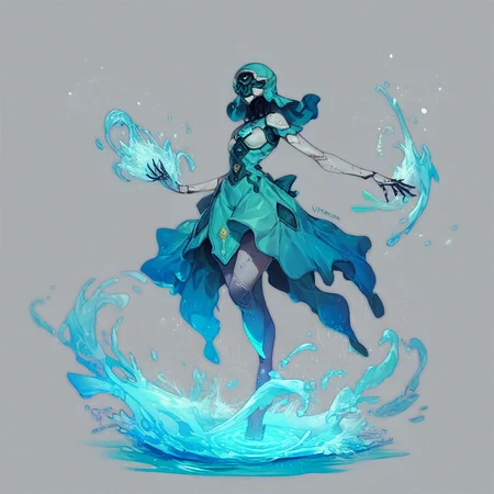 score_9, score_8_up, score_7_up, score_6_up, score_5_up, score_4_up, Yareli, 1girl, humanoid robot, aura, water, gray background