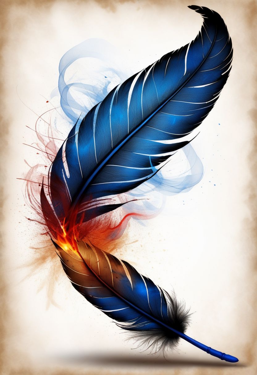 mysterious phoenix feather gliding through the air, single drop of deep blue ink dropping from the tip of the feather into a half full ink pot while an old piece of aged paper scroll with beautiful writing and burning edges is hovering in the middle of it all, lightrays backlighting glorious feather, burning paper, lightrays backlighting smoke, fading blue red background, by Minjae Lee, Carne Griffiths, Emily Kell, Steve McCurry, Geoffroy Thoorens, Aaron Horkey, Jordan Grimmer, Greg Rutkowski, amazing depth, double exposure, surreal, geometric patterns, intricately detailed, bokeh,  perfect balanced, deep fine borders, artistic photorealism , smooth,  great masterwork by Suiras  <lora:add-detail-xl:2>  <lora:Double_Exposure:0.5>