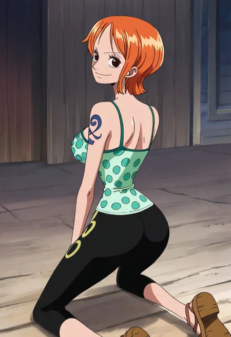 score_9, score_8_up, score_7_up, ultra quality, solo, 1girl, arlong_park,nami (one piece), orange hair, short hair, brown eyes, breasts, shoulder tattoo, green camisole, dot print, capri pants, black pants, sandals, bandages, smile, butt focus, big hips, big butt, bubble butt, curvy, narrow waist, kneeling, looking to the viewer, close up, screencap