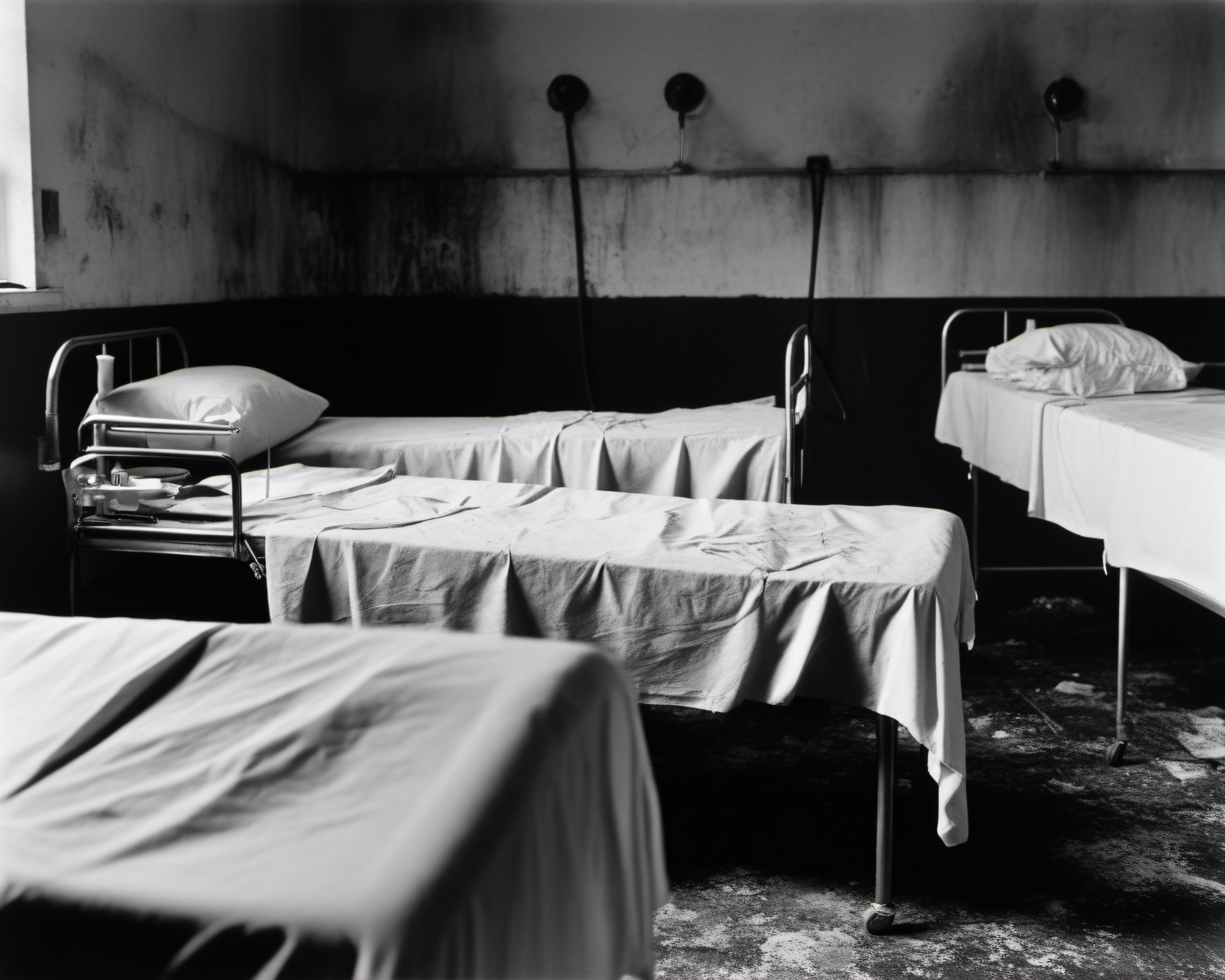 inside a post-apocalyptic silent hospital ward, stained bed sheets, dusty medical equipment, lingering antiseptic odor.  , by Bill Brandt, SZ_4poXL enviroment   <lora:Post ApocalypticXL_v2:0.6>