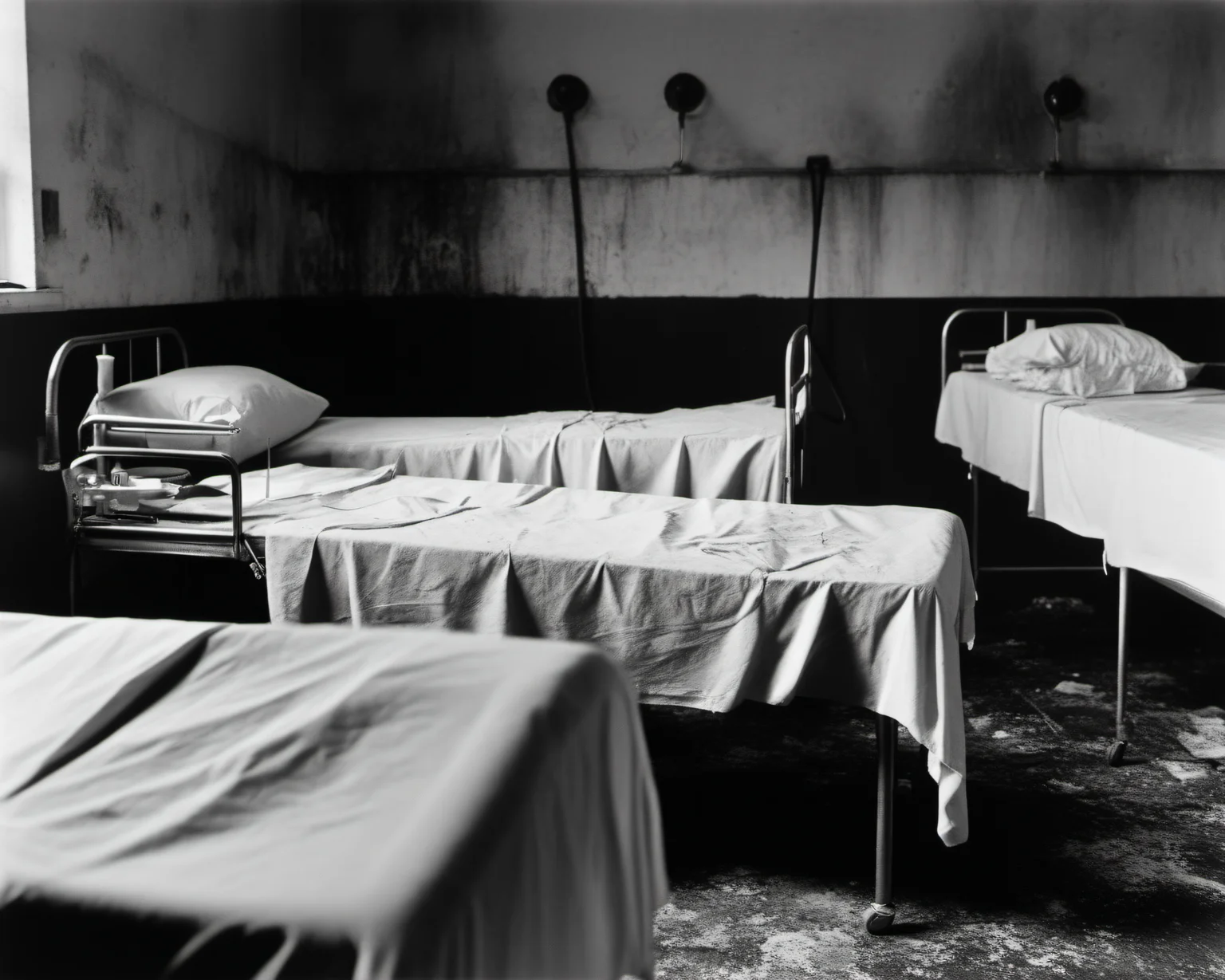 inside a post-apocalyptic silent hospital ward, stained bed sheets, dusty medical equipment, lingering antiseptic odor. , by Bill Brandt, SZ_4poXL enviroment <lora:Post ApocalypticXL_v2:0.6>