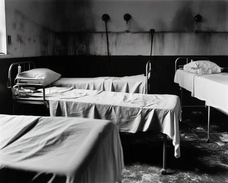 inside a post-apocalyptic silent hospital ward, stained bed sheets, dusty medical equipment, lingering antiseptic odor.  , by Bill Brandt, SZ_4poXL enviroment   <lora:Post ApocalypticXL_v2:0.6>