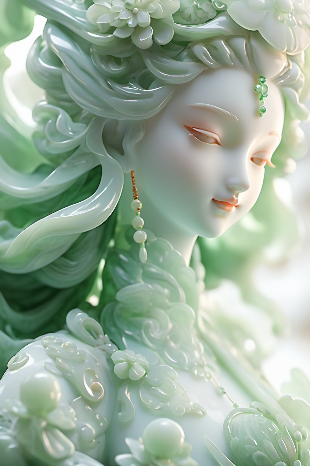 jade Sculptureï¼jade, realisticï¼1 girl, hair ornament, close up shot,  pure white skin, cinematic light, <lora:jade:0.9>