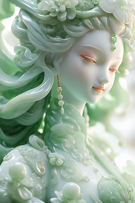 jade Sculptureï¼jade, realisticï¼1 girl, hair ornament, close up shot, pure white skin, cinematic light, <lora:jade:0.9>