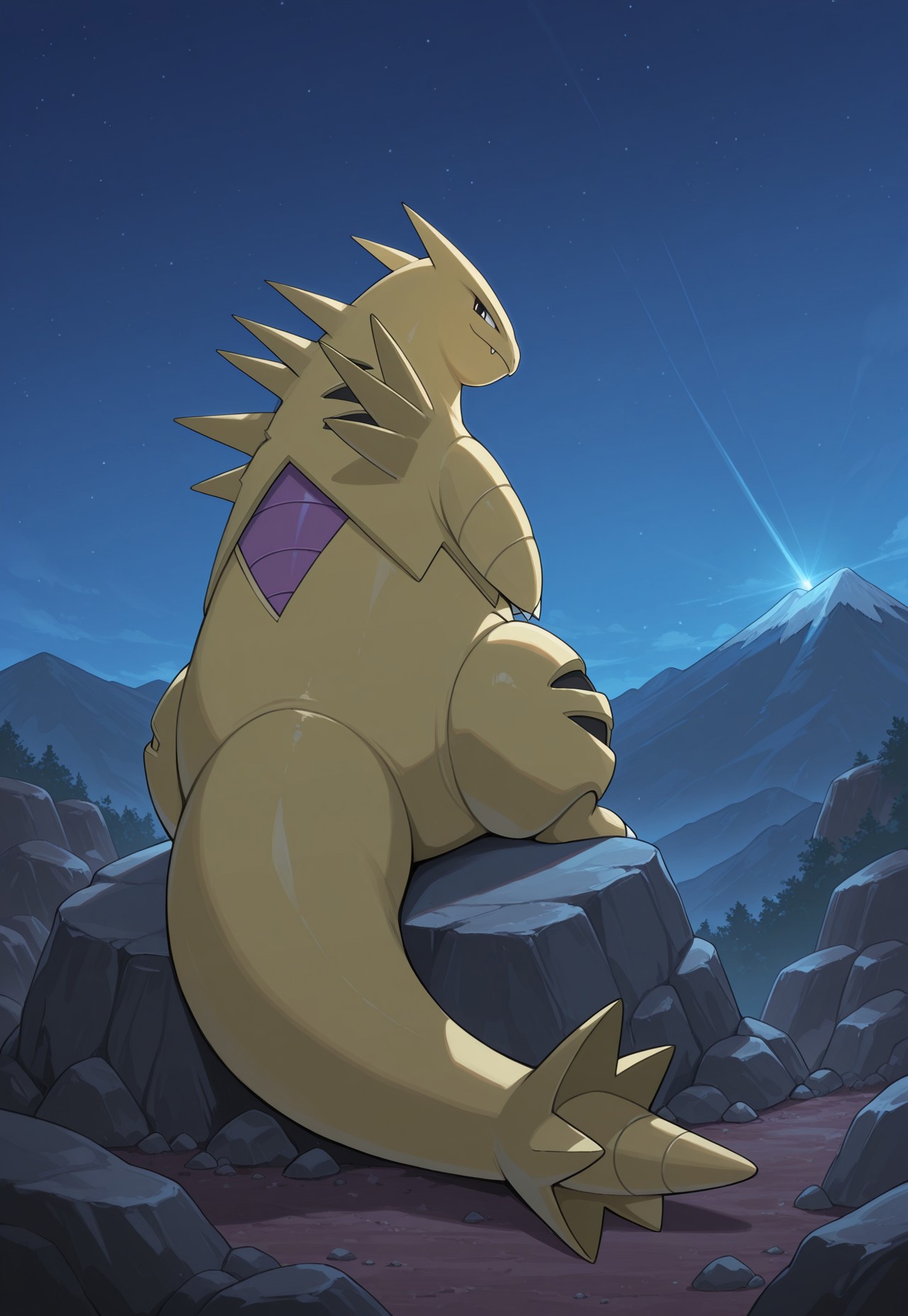 score_9, score_8_up, score_7_up, masterpiece, best quality, very aesthetic, absurdres, amazing quality, high resolution, ultra-detailed, volumetric lighting, newest, scenery, perspective, mountain, rocks, night, PKMN_Tyranitar, 1other, solo, pokemon focus, black eyes, ShinyTyranitar, yellow skin, purple back, sitting, looking back, closed mouth, fangs out, smile