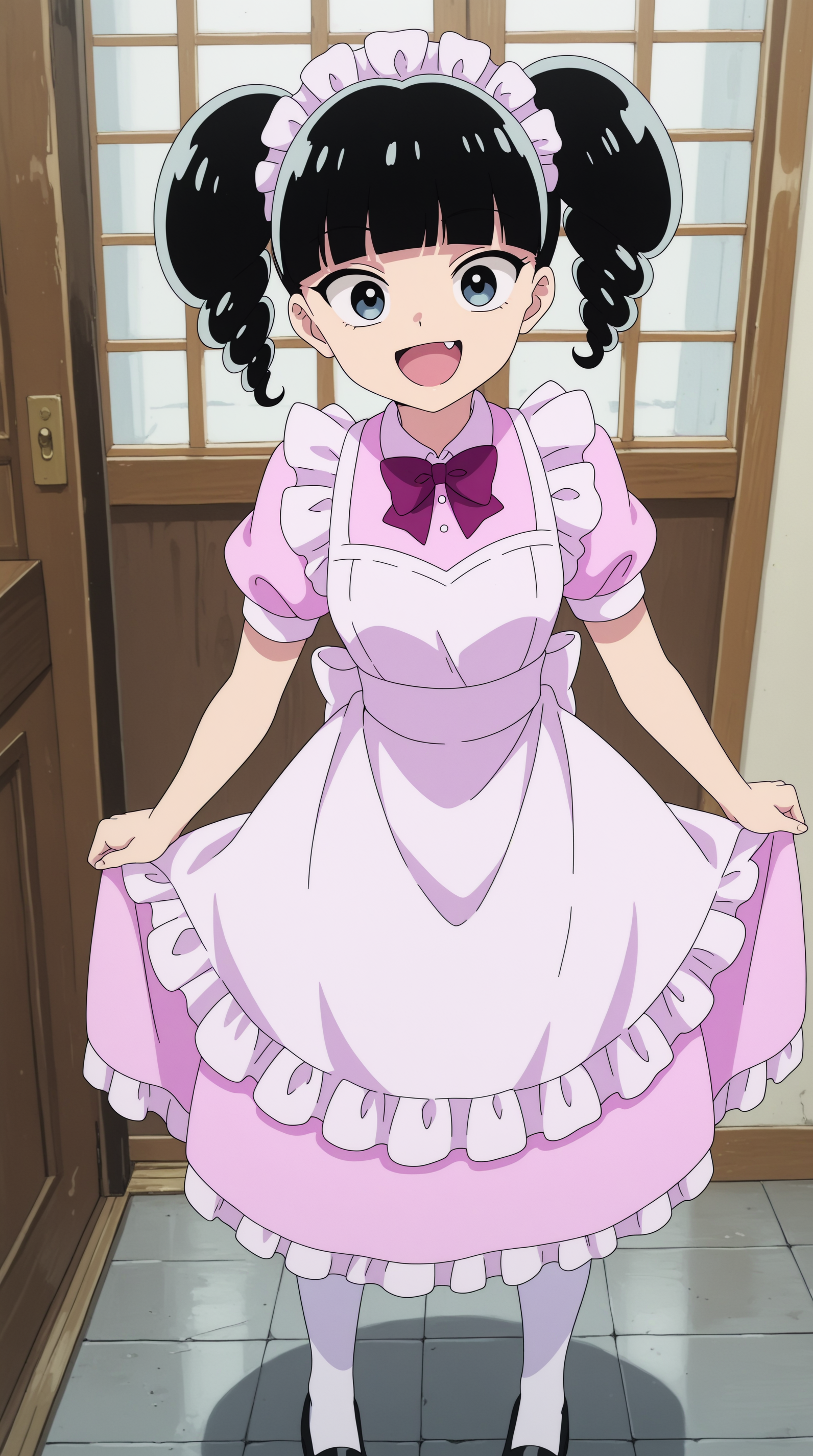 masterpiece, best quality, amazing quality, aesthetic,  absurdres, best quality, 4k, upscale, indoors, pose,(foreshortening), Xiaohei, 1girl, fang, solo, bangs, black hair, blunt bangs, open mouth, smile, drill hair, twintails,  blue eyes, twin drills, dress, pink dress, black hair, maid headdress, shoes, pantyhose, black footwear,  bow, short hair, white pantyhose, standing, maid, short sleeves, purple dress <lora:Xiaohei_IL:0.8>,