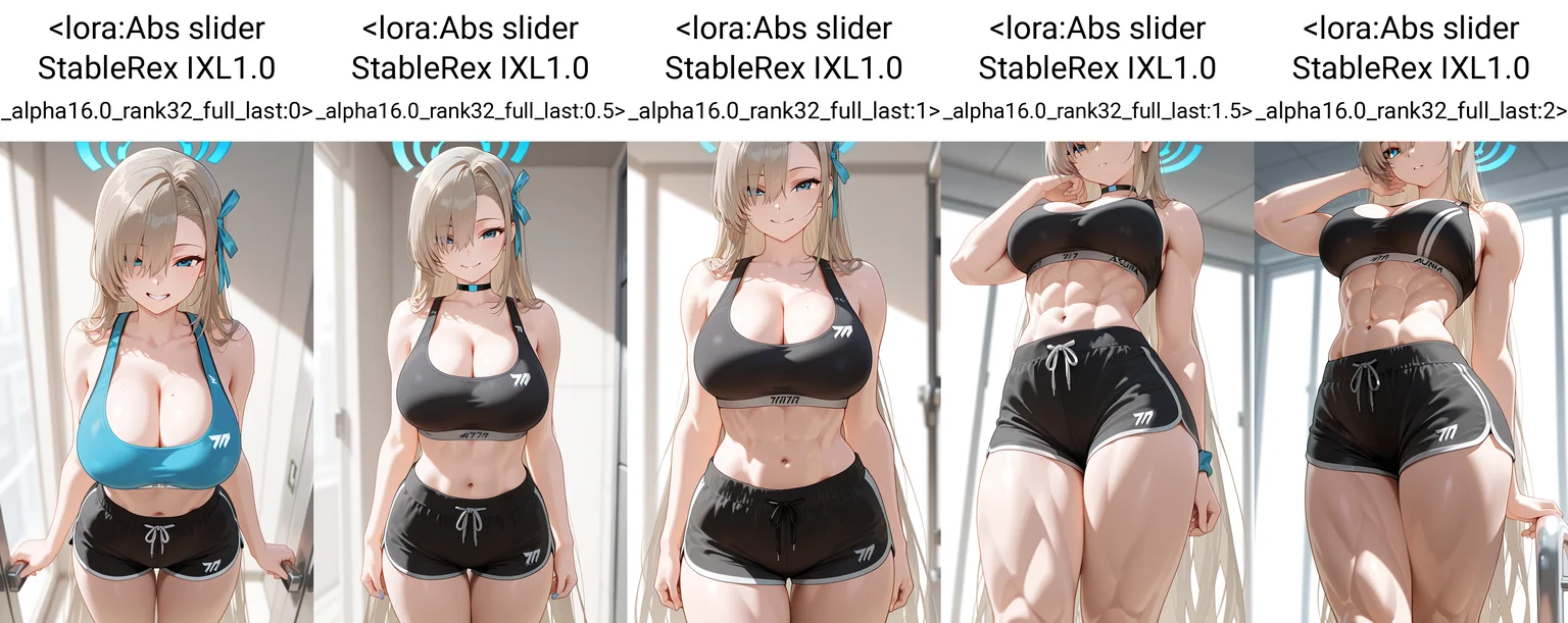masterpiece, best quality, 1girl, solo, asuna \(blue archive\), standing, looking at viewer, sports bra, black shorts, <lora:Abs slider StableRex IXL1.0 _alpha16.0_rank32_full_last:0>