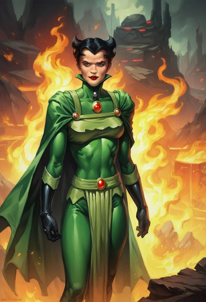 score_9_up, score_8_up, score_7_up, score_6_up, score_5_up, 1girl, solo, bernadeth, short black hair, spiked hair, green cape, green bodysuit, red lipstick, sneer, standing proudly, firey science-fiction landscape, , (realistic), (painted art)