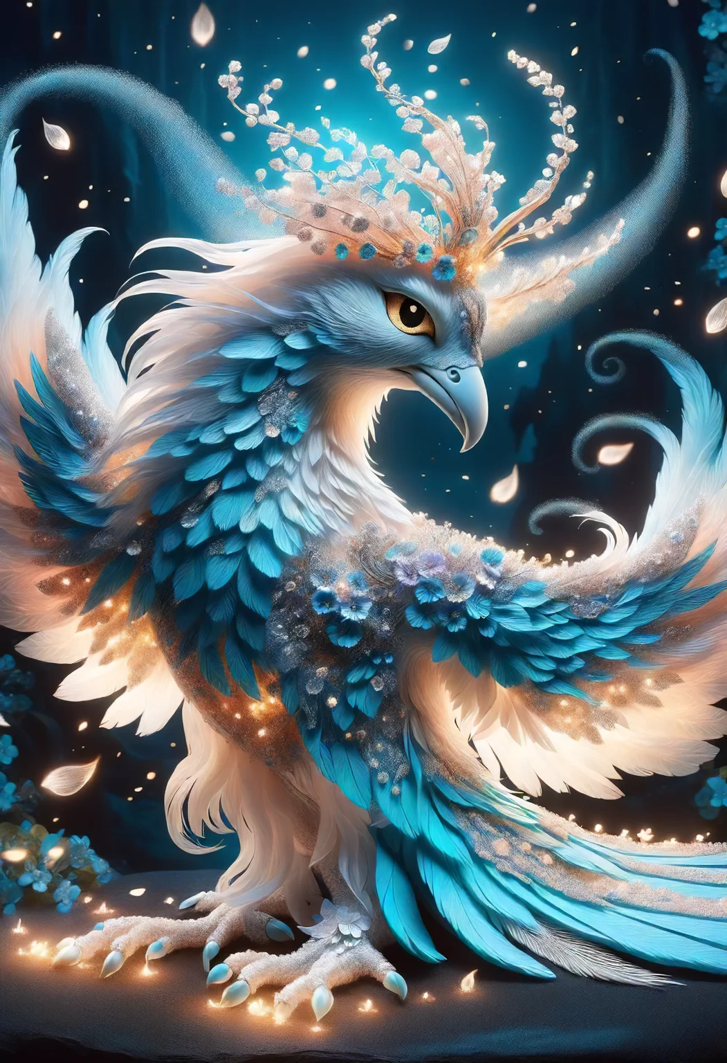 DonMS4kur4XL , female firebird, mythical enchanting bird, fire, light, vibrant flaming fiery plumage, flaming radiant wings, majestic regal appearance, beauty, immortality, resurrection, elusive, magical nature,, aging gracefully, elegant, russian, turquoise eyes, unusual ears, unusual nose, receding chin, prominent cheeks, receding forehead, diamond face shape with angular cheeks, elongated toes, bridal makeup , aqua mermaid waves hair, insecurity, experimenting with time-altering spells, manipulating temporal forces, sorcerer, ferrokinesis , humming a melodious incantation, infusing magic with sound vibrations, ethereal light <lora:released\DonM3t3rn1tyXL-v1.1-000008:0.8><lora:myLora\DonMS4kur4XL-000006:0.8>