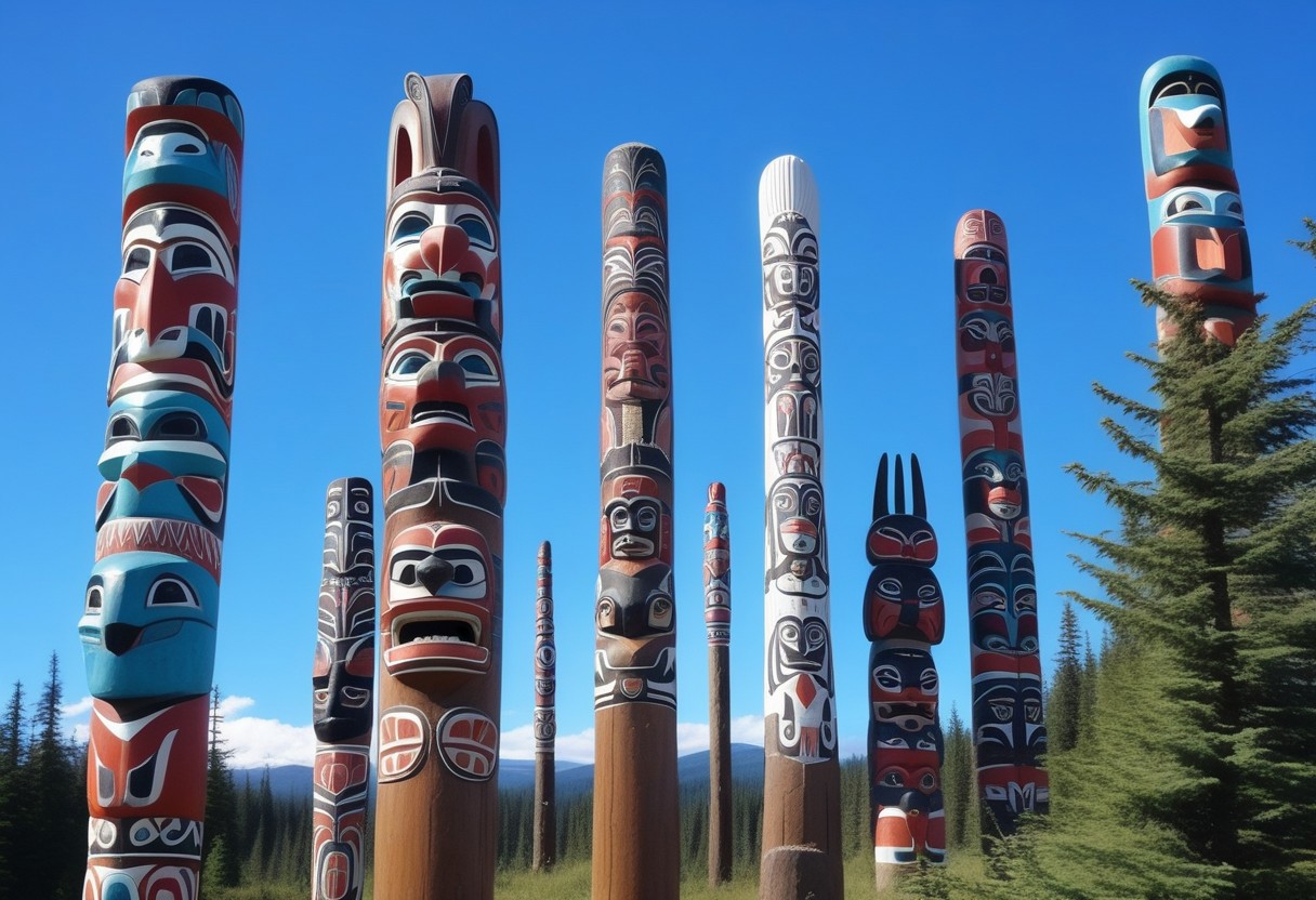 a photograph from the ground, pointing up of  beautifully decorated, intricately carved, beautifully painted, wooden totem poles, native American art, with various totem animals, hares, bears, eagles, and wolves and, stands on a beautiful natural background with land, water, sky and nature present, a realistic, breathtaking tall, wooden totem, nature, natural, absurdres, breathtaking, OverallDetailX, pop Tlingit totem pole, Archi Sculpture Photography