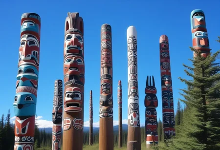 a photograph from the ground, pointing up of beautifully decorated, intricately carved, beautifully painted, wooden totem poles, native American art, with various totem animals, hares, bears, eagles, and wolves and, stands on a beautiful natural background with land, water, sky and nature present, a realistic, breathtaking tall, wooden totem, nature, natural, absurdres, breathtaking, OverallDetailX, pop Tlingit totem pole, Archi Sculpture Photography
