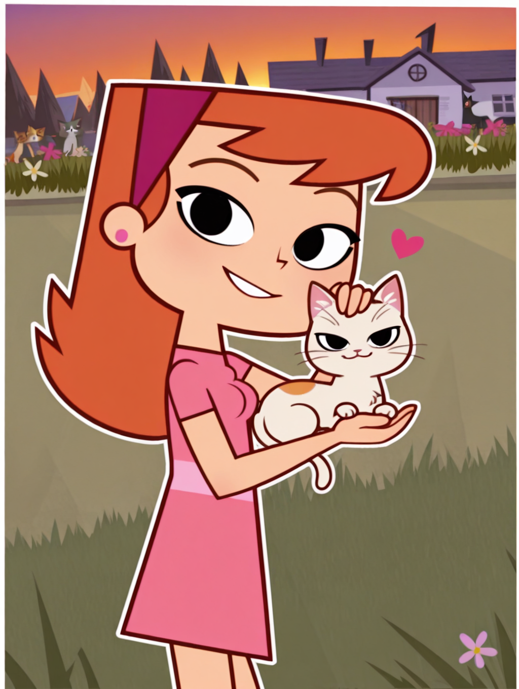 VanaGlamaZYN, 1girl, solo, hairband, dress, black eyes, jewelry, earrings, pink dress, orange hair, standing, long hair, breasts, cowboy shot, looking at viewer, beautiful, ((beautiful face, beautiful eyes)), outdoors,town,house,sunset,petting,garden,grass,flowers,(((3 cats))),kitten,orange_cat,black_cat,white_cat,dutch angle, beautiful, ((beautiful face, beautiful eyes)), (smile, dutch angle,naughty pose, cute, heart, petite, solo, dynamic pose, full_body, head tilt,),((white outline)), from above,(((from side:1.5))),