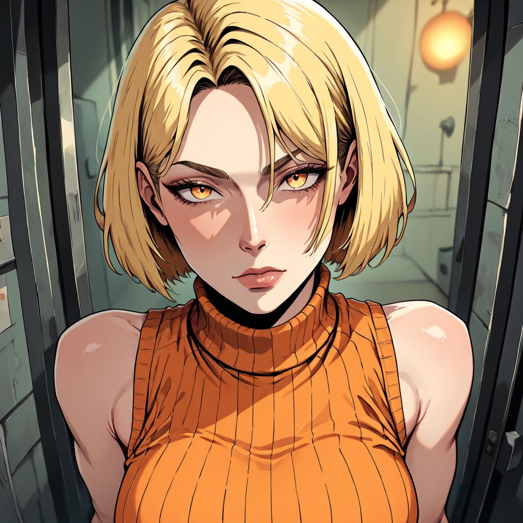 masterpiece, best quality, newest, absurdres, highres, FCMXV1.0, 1girl, ashley graham (resident evil), blonde, orange shirt, blonde hair, orange sweater, 
sleeveless, sleeveless sweater, sleeveless tutrleneck, turtleneck, short hair, curtained hair,