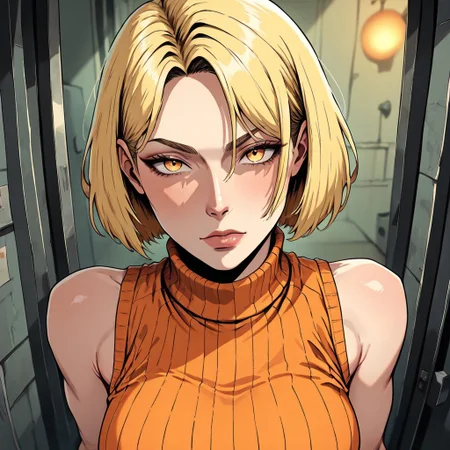 masterpiece, best quality, newest, absurdres, highres, FCMXV1.0, 1girl, ashley graham (resident evil), blonde, orange shirt, blonde hair, orange sweater,
sleeveless, sleeveless sweater, sleeveless tutrleneck, turtleneck, short hair, curtained hair,