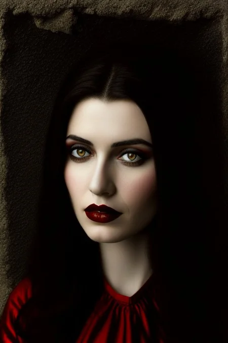 Romanian vampire girl, 23 years old, (beautiful:1.75), (very pale skin:1.35), (gothic makeup:0.99), (Red Lipstick:1), (black hair), (anime:0.35), (oval face:0.25), (Halloween), (night), (front view:1.25), (elegant), 10 minutes before the world will end, (back light), hyper-realistic, (ultra-detailed:1), (insanely detailed:1), 4k, realistic 8k, shot on portra 400, masterpiece, (perfect composition:1.55), (best quality), (style of Sandro Botticelli:0.02), (Leonardo Da Vinci:0.10), (Transylvanian Castle)