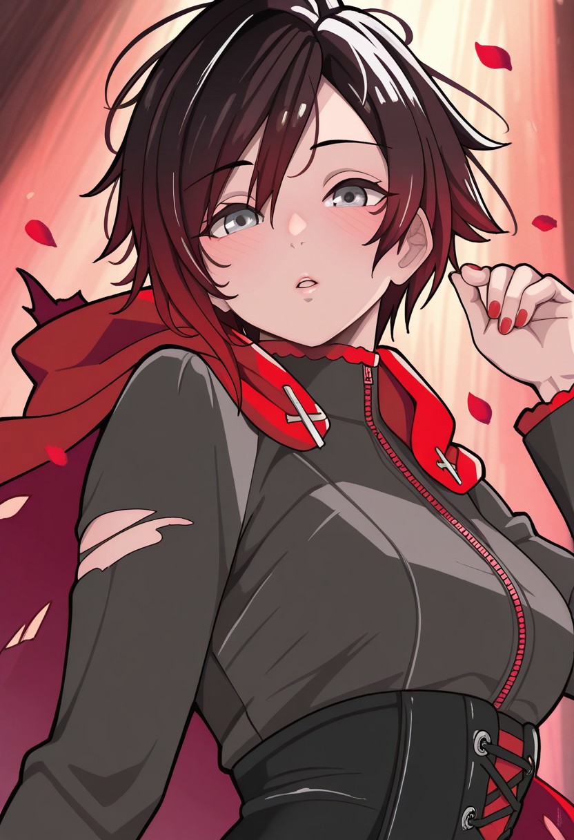 Kibawomuku_ST, masterpiece, best quality, very aesthetic, high resolution, ultra-detailed, absurdres, newest, detailed eyes, beautiful, perfect lighting, hi res, amazing quality, very awa, painting_(artwork), dynamic angle, dynamic pose, 1girl, ruby rose, black hair, grey eyes, short hair, looking at viewer, red cape, multicolored hair, red hair, torn clothes, upper body, red nails, nail polish, petals, gradient hair, long sleeves, two-tone hair, parted lips, torn cape, hooded cloak