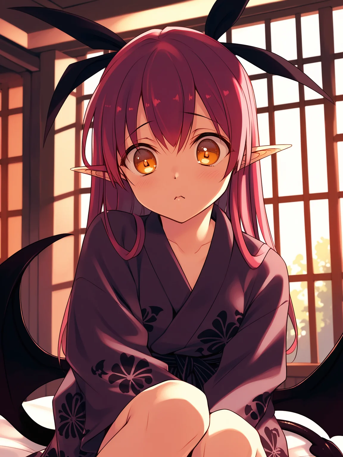 <lora:happy_tentacle-succubus-v0.2-000043:0.9>, ht_succubus, demon wings, demon tail, hair ribbon yukata, indoors , 1girl, solo, upper body , wide-eyed , (emotionless :1.2), , looking down , sitting , facing viewer , score_9, score_8_up, score_7_up, score_6_up, score_5_up, score_4_up