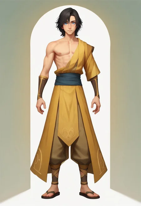score_9, score_8_up, score_7_up, 8k, best quality, charturnerv2, sz4d3k, 1boy, even skin tone, cell shaded, male focus, indirect lighting, detailed face, detailed eyes, detailed, Expressiveh, adult male, Koryu, black hair, blue eyes, golden water tribe robes, visible chest, single exposed shoulder, tan pants, sandals, full body, standing, solo, alone,