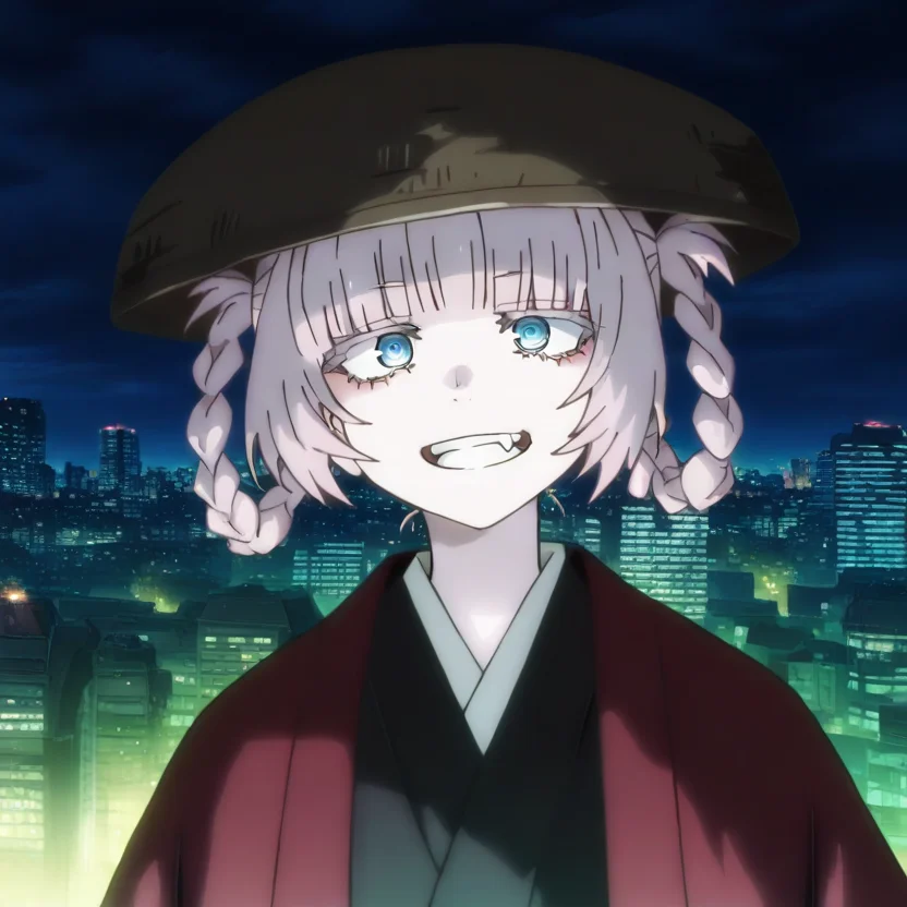 masterpiece, best quality, absurdres, detailed skin, anime colored, anime screencap,
<lora:YofukashiNoUta_NanakusaNazunaXL:0.8>, nanakusa nazuna \(yofukashi no uta\),
1girl, grin, open mouth,
pink hair, short hair, braid, hair rings, blue eyes, fang, facing viewer,
<lora:kasa:1.2>, ((kasa)), hat,
red haori,
cityscape, night,