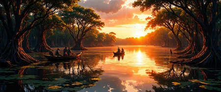 Stunning watercolor painting of the Gambian Mangrove Forest at golden hour, where serpentine waterways wind through dense mangrove trees with their complex root systems partially submerged in glistening brackish water. Vibrant West African sunset casting amber and crimson hues across the tranquil surface, reflecting twisted tree silhouettes. Lush canopy teems with wildlife - colorful sunbirds flutter among branches while playful vervet monkeys observe from above. Distant traditional fishing boats navigate narrow channels through this coastal ecosystem. Atmospheric mist hovers just above water level, creating ethereal depth. Exquisite detailed rendition of aerial root structures breaking water's surface like natural sculptures. 8K detail, masterful brushwork capturing light filtering through leaves, photorealistic water reflections with perfect symmetry, rich emerald and sienna palette characteristic of mangrove biomes. <lora:CPA:0.5> <lora:FluxFantasyDetailerV2:0.7> <lora:New_Fantasy_CoreV4_FLUX:0.8> <lora:é»è²å¹»æ³_1.0:0.4> <lora:flux_dev:1>