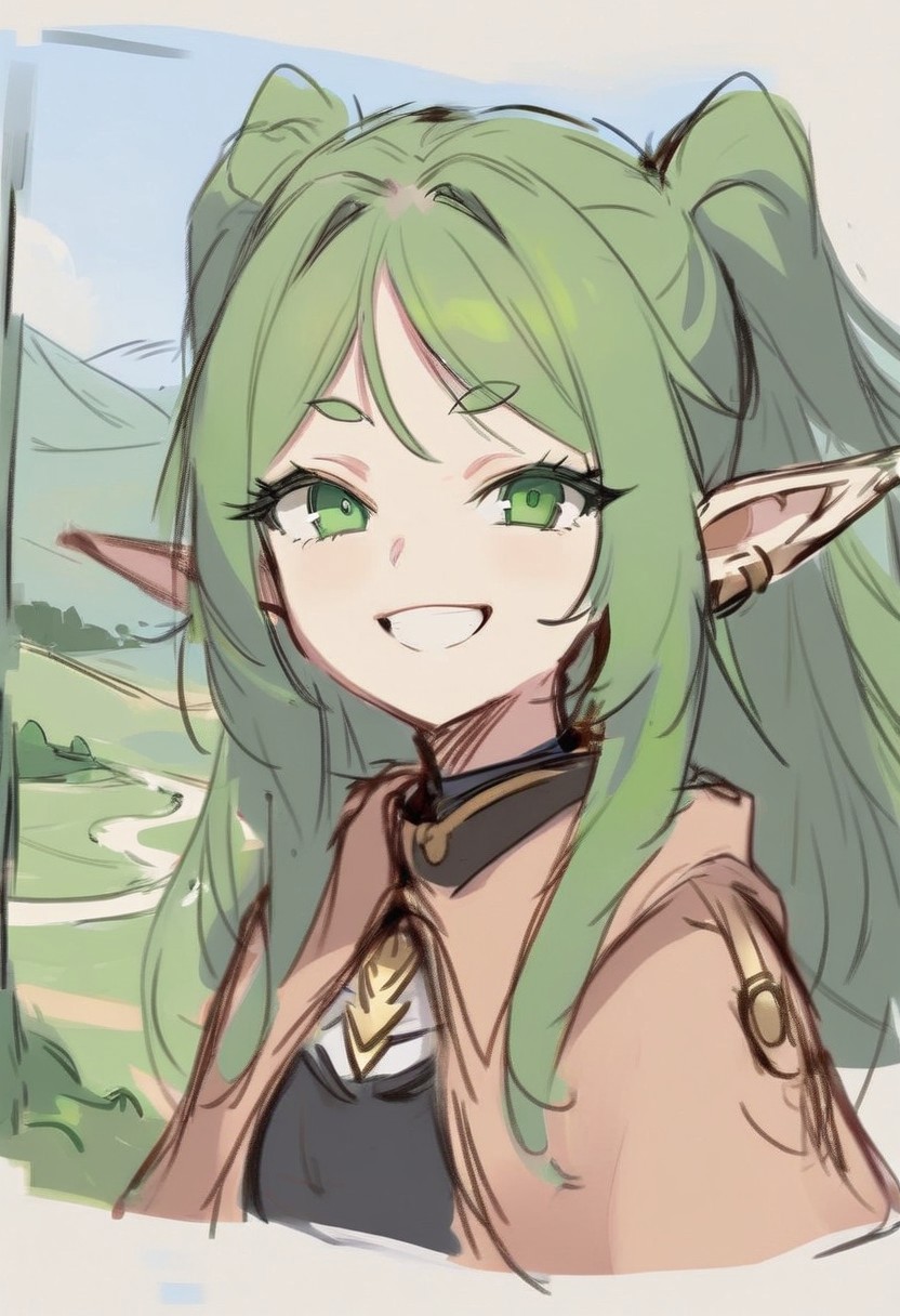 (concept art, sketch:1.3), best quality, 1girl, elf girl, pointy ears, detailed eyes, green eyes, portrait, landscape, grin, 