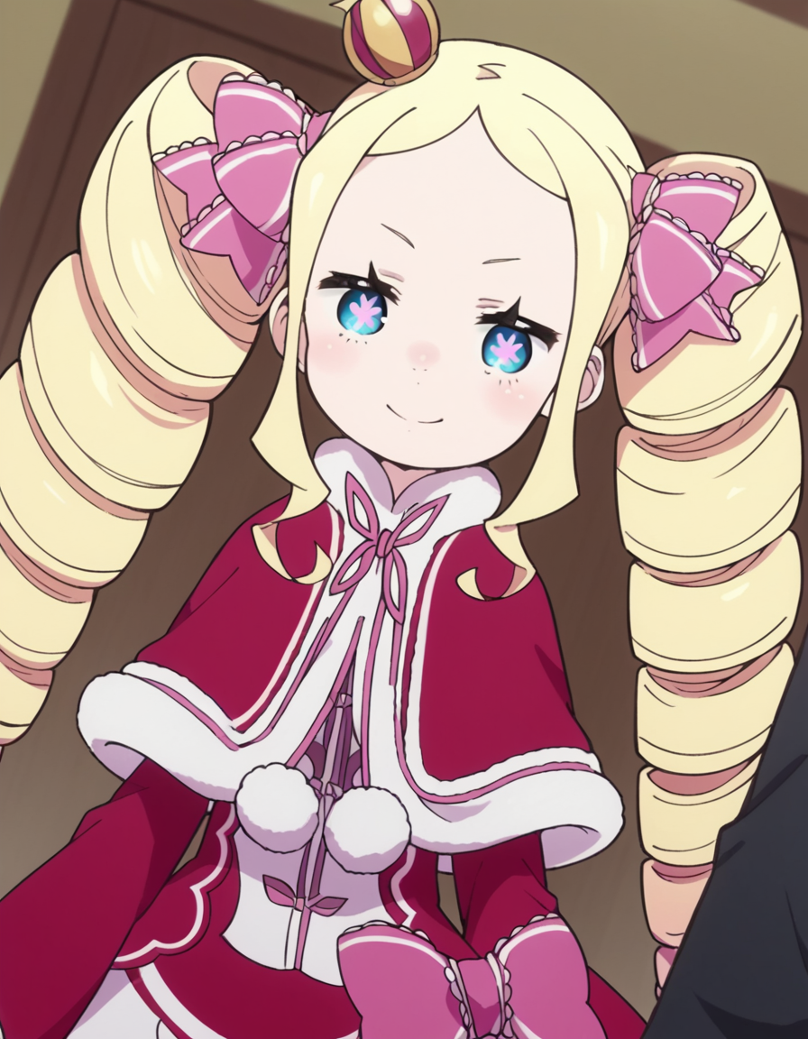 score_9, score_8_up, score_7_up, source_anime, <lora:rezero-beatrice-s3-leak-ponyxl-lora-nochekaiser:1>, beatrice, long hair, blue eyes, blonde hair, twintails, hair ribbon, sidelocks, symbol-shaped pupils, drill hair, twin drills,, dress, ribbon, fur trim, capelet, crown, mini crown, red capelet, frills, bowtie,, indoors, smile, looking at viewer, solo,, cowboy shot, dutch angle