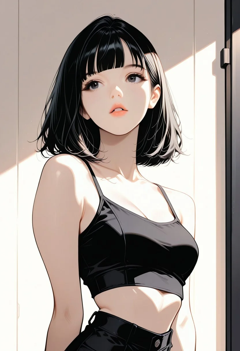 masterpiece, best quality, 32k, high resolution, absurdres, HD32k, masterpiece, BethStyleRH, nordic girl, 1girl, black hair, blunt bangs, dark eyes, light makeup, slim, medium breasts, posing, soft light, indoor, portrait, face closeup, crop top, standing up, warm light, looking at the viewer, detailed lips, parted lips, flirty