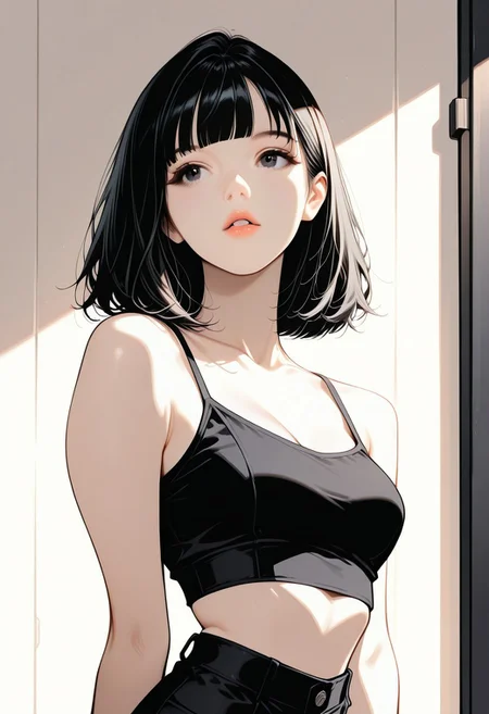 masterpiece, best quality, 32k, high resolution, absurdres, HD32k, masterpiece, BethStyleRH, nordic girl, 1girl, black hair, blunt bangs, dark eyes, light makeup, slim, medium breasts, posing, soft light, indoor, portrait, face closeup, crop top, standing up, warm light, looking at the viewer, detailed lips, parted lips, flirty