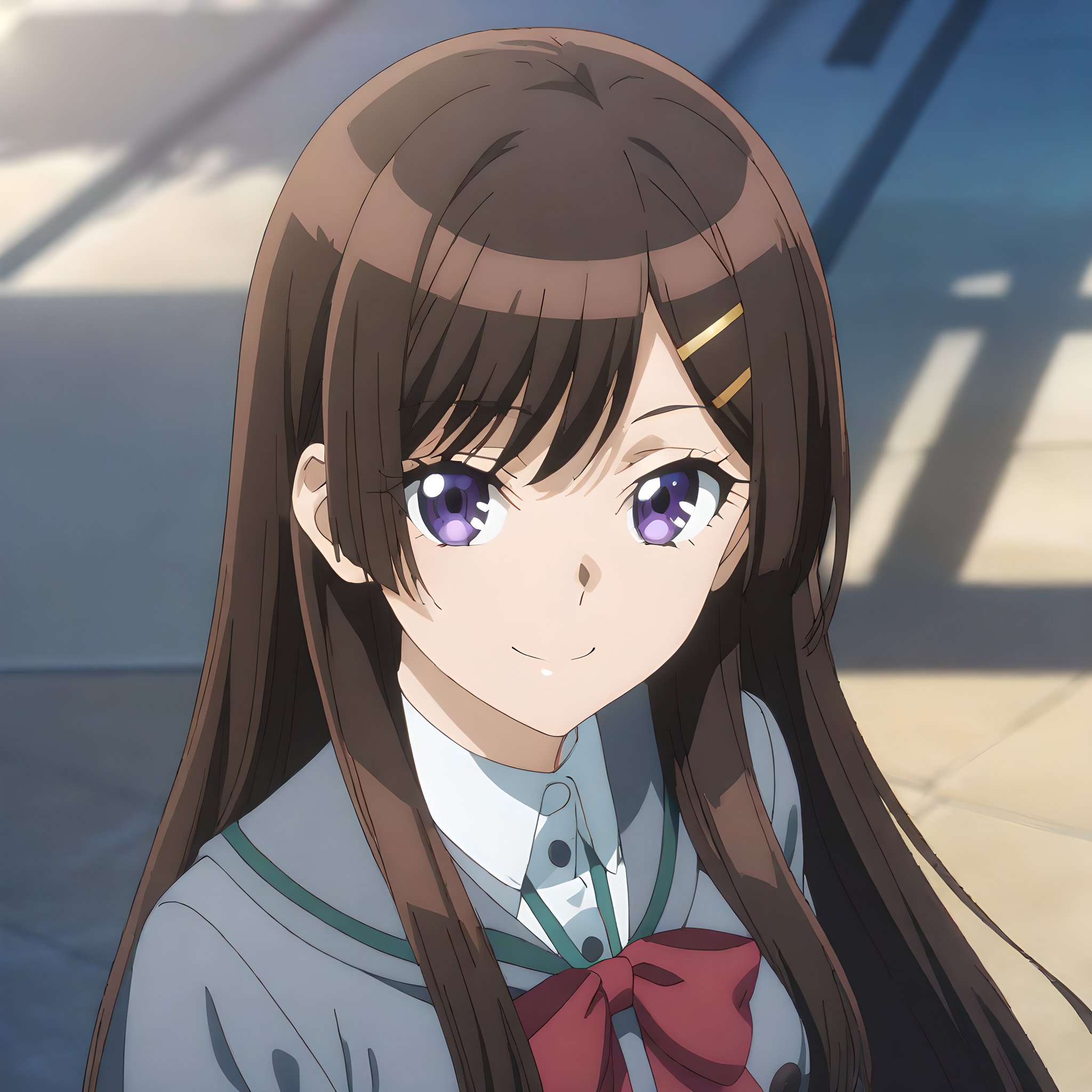 (masterpiece),(best quality),(ultra-detailed),(best illustration),(best shadow),(absurdres),(detailed background),(very aesthetic), otonashi_hibiki, 1girl, solo, brown hair, hair ornament, long hair, smile, hairclip, school uniform, looking at viewer, purple eyes, bow, anime coloring, red bow, bowtie, closed mouth <lora:XL-OtonashiHibiki:1>
