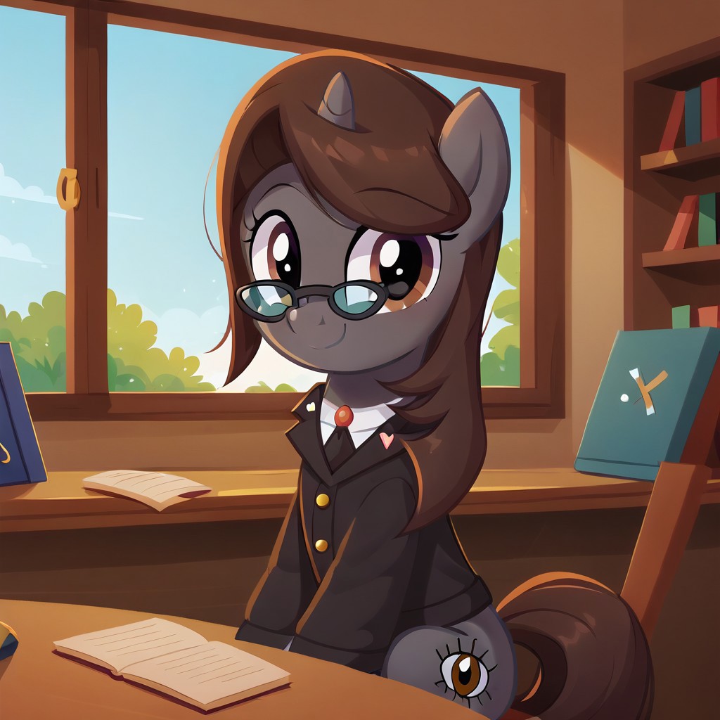 masterpiece, perfect detail, best high quality, source_pony, show accurate, cute, 1girl, solo, female, oc:sonata, glasses, attorney suit, badge on collar, pony, tail, sitting, sitting in chair, desk, coffee mug, lawyer's office, office, paperwork, folders, books, bookshelf, window, sunshine, smile, closed mouth, beautiful, looking at viewer, score_9, score_8_up, score_7_up, score_6_up, score_5_up, score_4_up