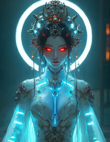 a futuristic, cyberpunk-inspired figure resembling an empress or deity, adorned with intricate, glowing armor and headgear. The character has sharp, red, glowing eyes that stand out against pale skin, giving an intense and otherworldly look. The headpiece is a highly detailed structure featuring mechanical and ornamental elements, with metallic components and neon accents, forming an elaborate crown. A circular neon halo glows behind the figure’s head, enhancing the ethereal and divine atmosphere.
The clothing blends traditional Chinese elements, such as a robe with intricate embroidery, with high-tech, holographic materials. Flowing translucent fabrics are illuminated with bright blue lights, creating a striking contrast against the dark background. The overall aesthetic is a powerful combination of ancient Chinese culture and futuristic cybernetic design.