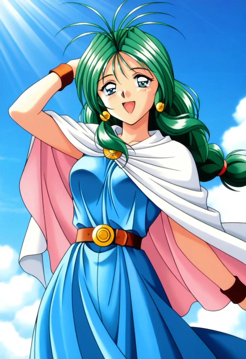 masterpiece, best quality, amazing quality, very aesthetic, high resolution, 1girl, cowboy shot, anime-style, digital art, high resolution, cute girl, smiling, sunlight, bright, clear sky, blue sky, clouds, daytime, outdoor, wind blowing her hair, dynamic pose, cheerful mood, light reflections, detailed background, high quality, beautiful, attractive, light rays, bright lighting, sky, joyful, happy, energetic, bright atmosphere, detailed shading, anime aesthetics, vibrant, lively, braid, jewelry, belt, cape, blue dress, wristband, retro artstyle, 1990s \(style\),
clairemm, blue eyes, green hair, antenna hair, long hair, low-tied long hair, hair bobbles, medium breasts, mature female,