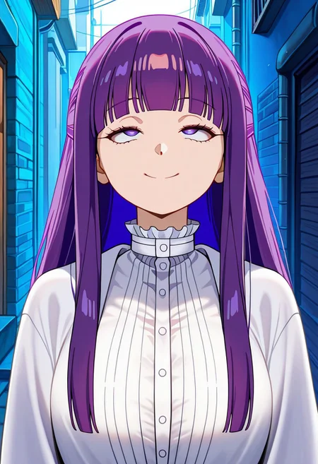 masterpiece, best quality, highres,(crossed eyes:1.5),(rolling eyes:1.2),wide eyed,close mouth,smile,Alley,midnight,  1girl, solo, Fern (Sousou no Frieren),purple hair, long hair, bright pupils, blunt bangs, cross3d_3y3s, crossed_eyes, empty_eyes,  <lora:Crossed_eyes_-_Hypnosis_-_Illustrious:1.5>