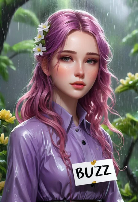 ((photorealistic)), ((1girl)), score_9, score_8_up, score_7_up, score_6_up, score_5_up, 1girl, 25 years old, detail face, long dress, pretty dress, purple dress, long wavy hair, pink hair, pink wavy hair, wavy hair, wet hair, rain, perfect eyes, detailed skin, flower background, tree background, warrior princess, arrogant, aloof, (((holding a sign that says "BUZZ PLEASE", text: "BUZZ PLEASE")))