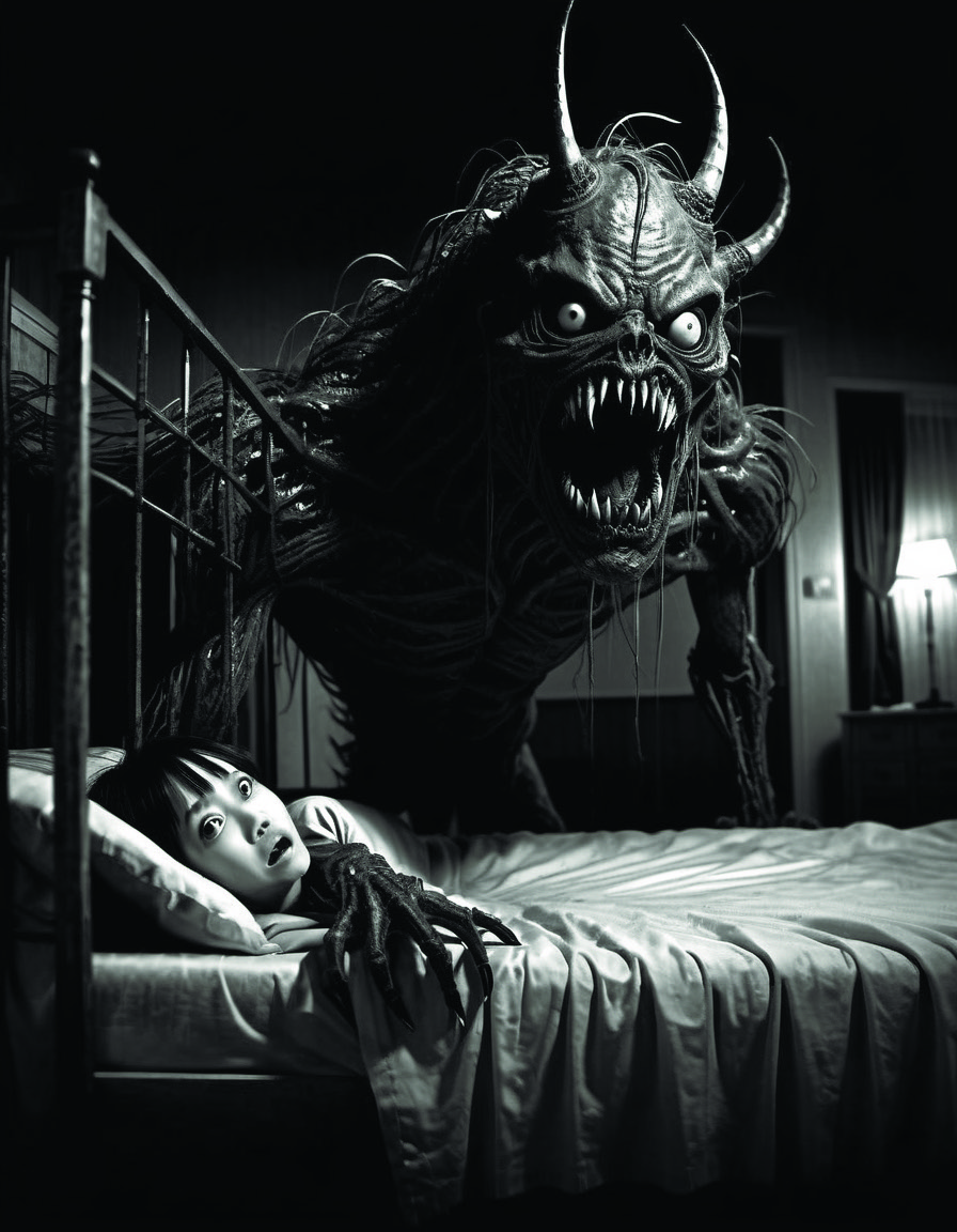 A monster under the bed,horror,creepy,dark,manga,hq,pencil,inspired by junji ito,superior quality,masterpiece emotional,detailed <lora:add-detail-xl:1.6> DonMn1ghtm4reXL <lora:DonMn1ghtm4reXL:0.7> <lora:SDXL_Black_Sa_May:0.6> <lora:lora-bloodyface-lite:0.5> <lora:fx-monsters-xl-meatsack:0.4> by Director Ridley Scott style <lora:Director Ridley Scott style:0.3>