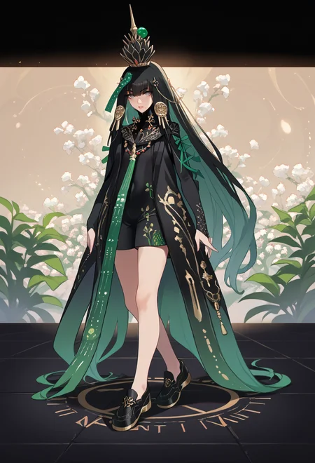 score_9, score_7_up, source_anime, BREAK <lora:Qu__PGR-Punishing_Gray_Raven__All_Classes_Coming_Soon:1> Pavo, grey eyes, multicolored hair, black hair, green inner hair, long hair, mole under lips, Pavo clothes, Pavo crown, <lora:Ban!_(bansankan)_PonyXL_style_v01:1> parted lips, arched back, full body,