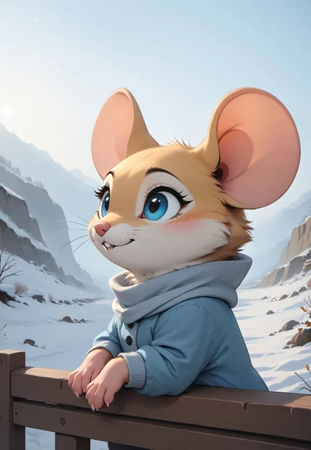 score_9, score_8_up, score_7_up, score_6_up, score_5_up, score_4_up, (cute, feral:1.5), m0use_goldie, winter dress, scarf, (sitting on railing), (fence), field, scenery, landscape, snow, winter, wind, (side view:1.5), close up, upper body shot, head focus,