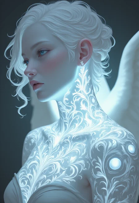 Majestic portrait of an alabaster angel with bioluminescent tattoos of bio ink