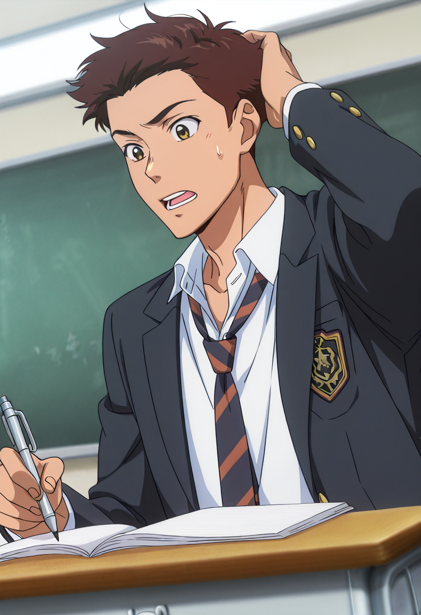 masterpiece, best quality, newest, absurdres, anime screencap, intricate details, good quality, very awa, highres, perfect proportions, perfect eyes, amazing quality, very aesthetic, <lora:Sakaki_Shohei_Love_All_Play.safetensors:1.0>,  1boy, shoh31_sakak1, brown_shoh31_sakak1_eyes, brown_shoh31_sakak1_hair, anime coloring, solo, male focus,  sitting, classroom, scratching head, sweatdrop, open mouth, pen, notebook, (school uniform), striped necktie, shadow, dynamic angle, dynamic action, atmospheric perspective, intricate lighting, intricately detailed illustration, depth of field,