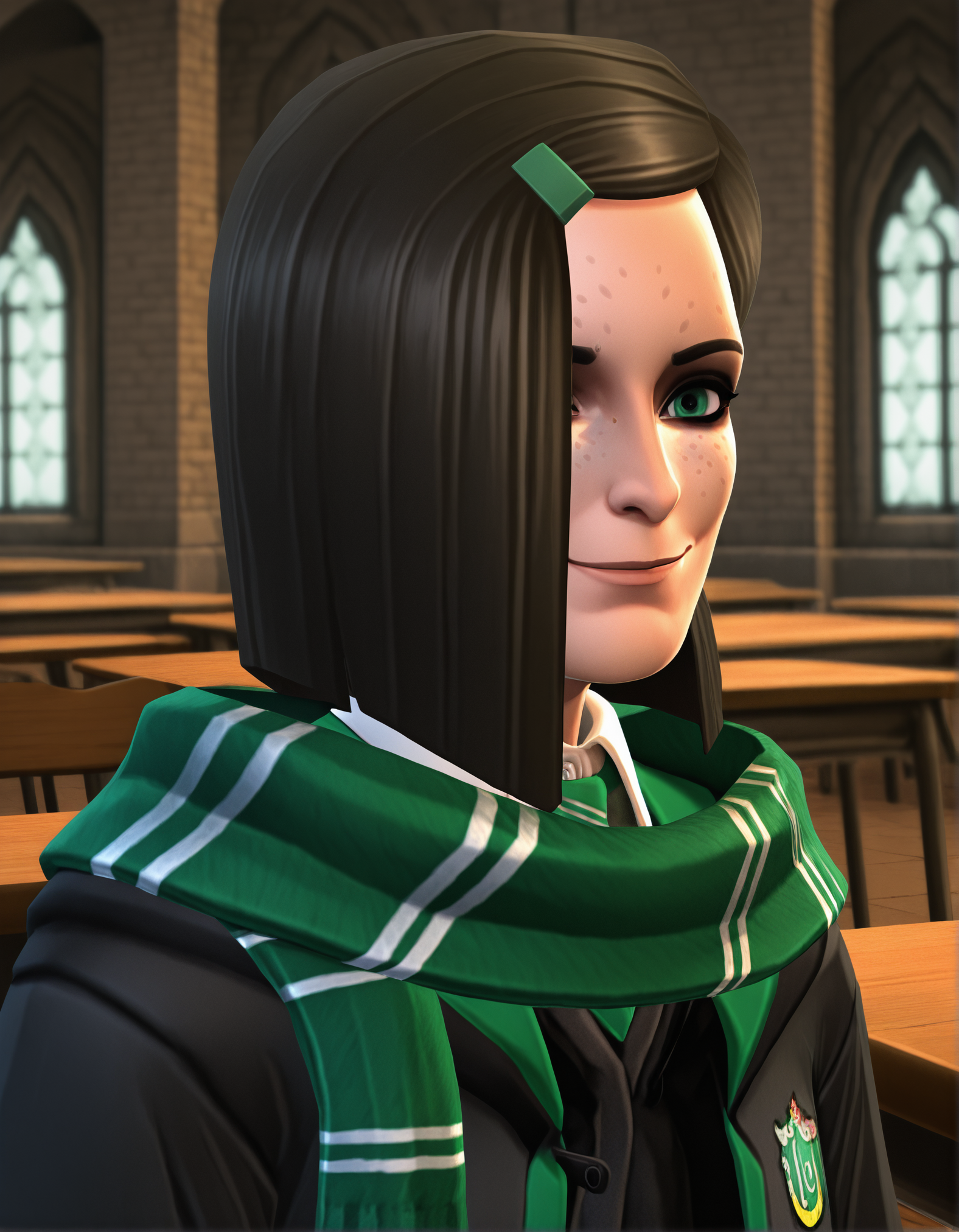 1girl, ismelda, realistic, (3d:0.1), upper body, (from side:0.3), black hair, hair over one eye, green eyes, freckles, hairclip, hogwarts school uniform, green scarf, smile, looking at viewer, dungeon, classroom, blurry background, official art, absurdres